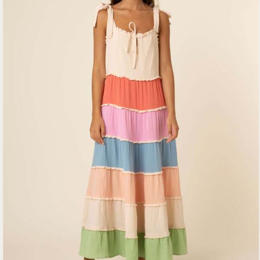FRNCH Tiered Maxi Dress in Cream, Coral, Pink, Blue, Peach & Green